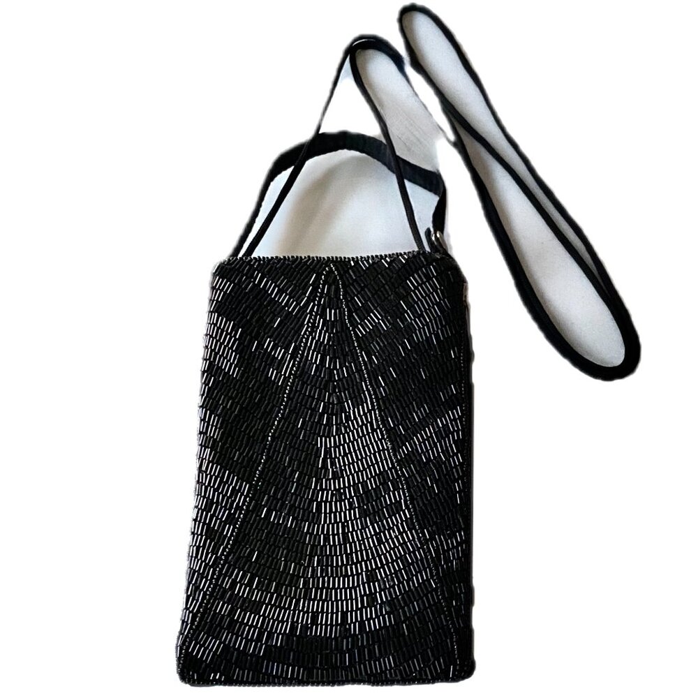 Bamboo Trading Black Beaded Fabric Mini-Crossbody Bag/Clutch Handcrafted - Picture 3 of 11